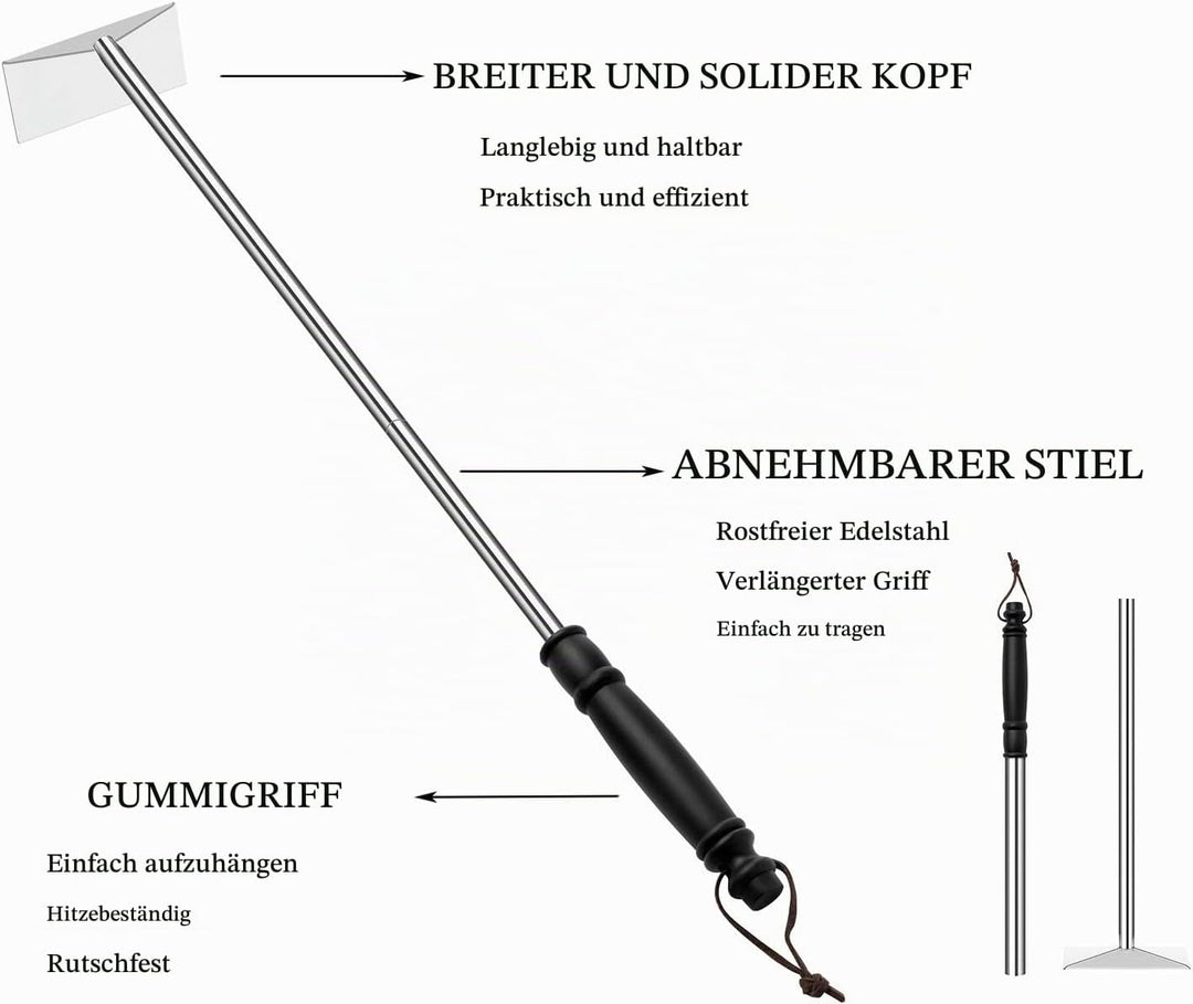 Holzkohlegrill Aschehacke Hacke für Kamin Holzofen Pizzaofen Edelstahl BBQ Reiniger Schürhaken Schab