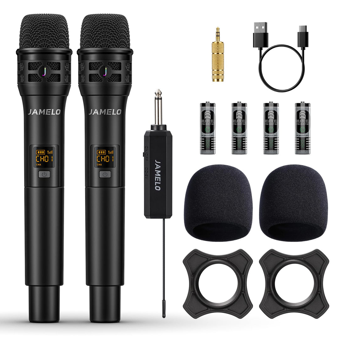 JAMELO Drahtloses Mikrofon, Dual Funkmikrofone und Empfänger, Professionelles UHF Handmikrofon Syste