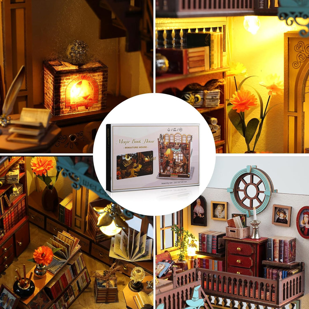 Book Nook Kit DIY Puppenhaus Holz Haus, 3D Holzpuzzle mit Sensor-LED – DIY Bücherecke Fantasy Biblio