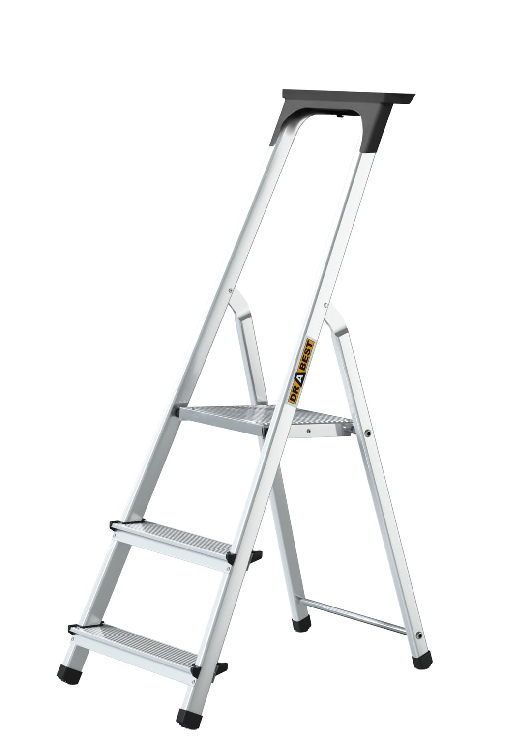DRABEST Aluleiter mit Ablage, Stehleiter 3 Stufen, Trittleiter bis 125 kg, Haushaltleiter, Klapptrit
