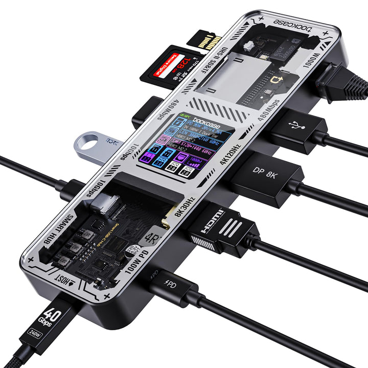 DOCKCASE Explorer Edition USB C Hub, 10-in-1 Dockingstation, Dual Monitor 4K@60Hz (HDMI & DP), 100W
