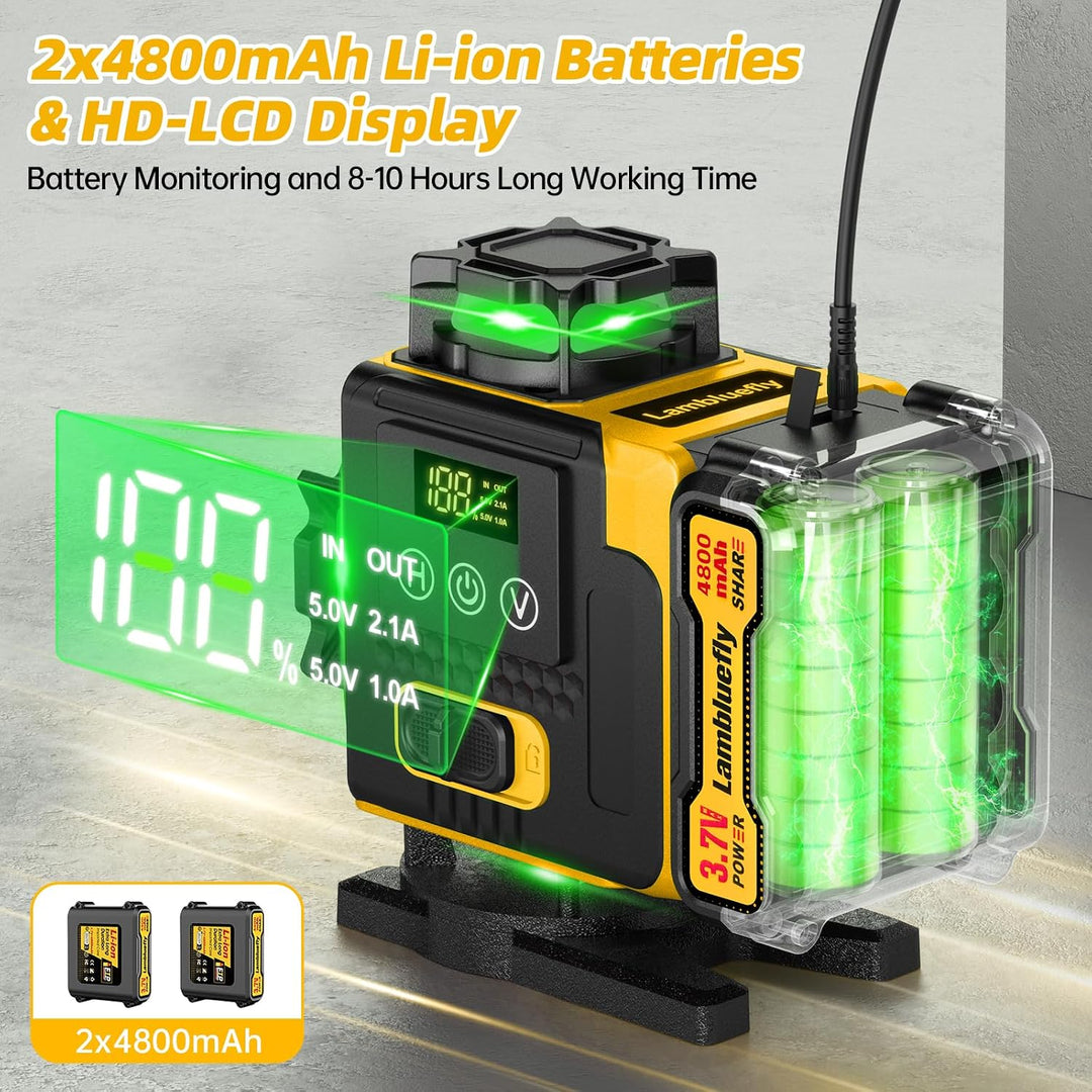 Kreuzlinienlaser mit Stativ, Laser Wasserwaage mit 2x4800mAh Batterien, 4x360 Grad Laser Level mit L