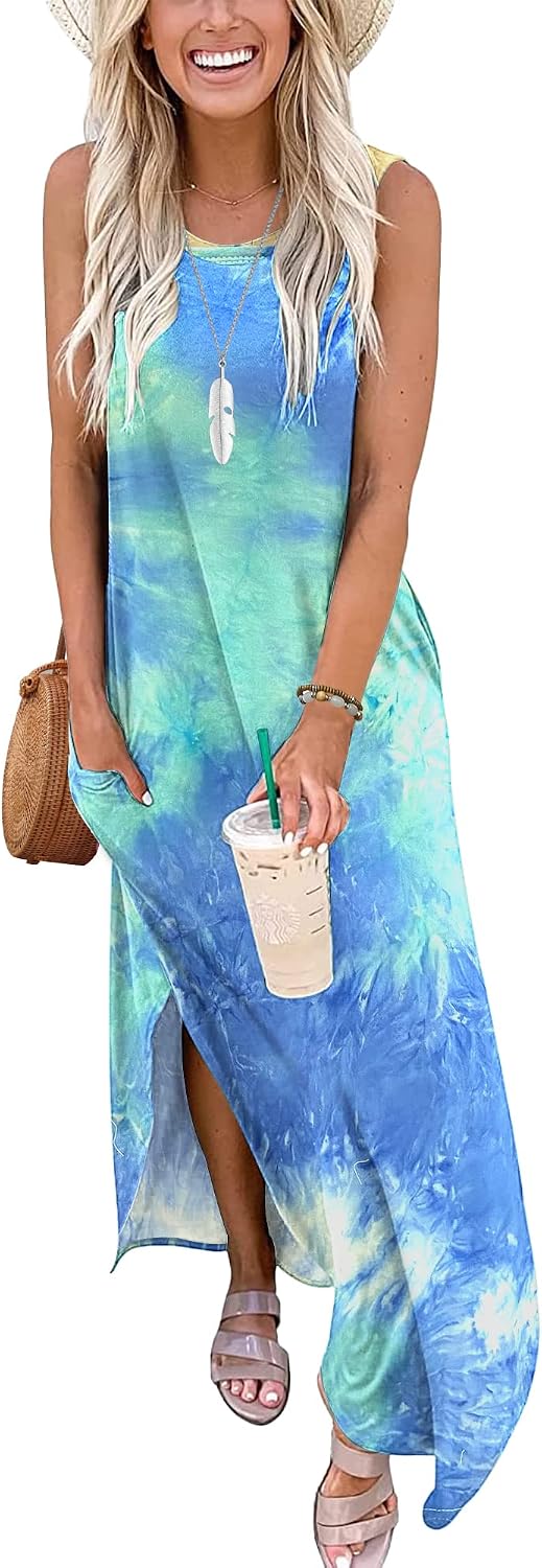 AUSELILY Maxikleider Damen Sommer Ärmellos Strandkleid Lang Kleider L Gefärbt Blau Grün Weiss, L Gef