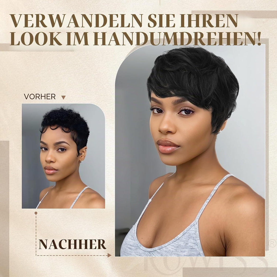 RUWISS Pixie Cut Perücke Echthaarperücken Natürliche Kurze Perücke Geschichtet Gewellt Verschiedene