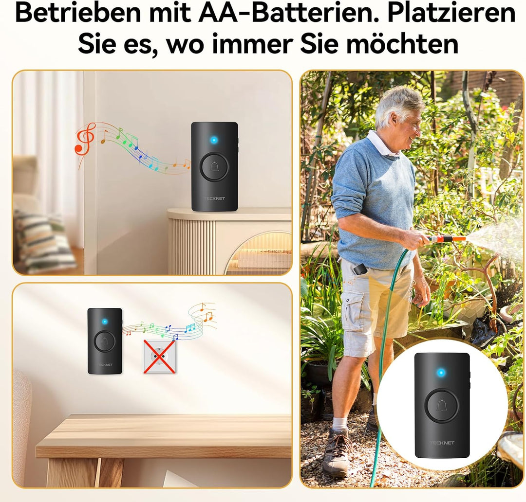 TECKNET Funkklingel,Funkklingel aussen wasserdicht IP65,Funk Klingel Kabellos 400m,Klingel Funk mit