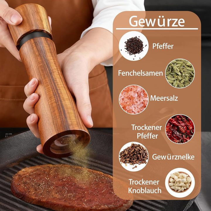 Salz und Pfeffermühle Holz Set – 2er Gewürzmühle mit Keramikmahlwerk & Untersetzer, Manuelle Pfeffer