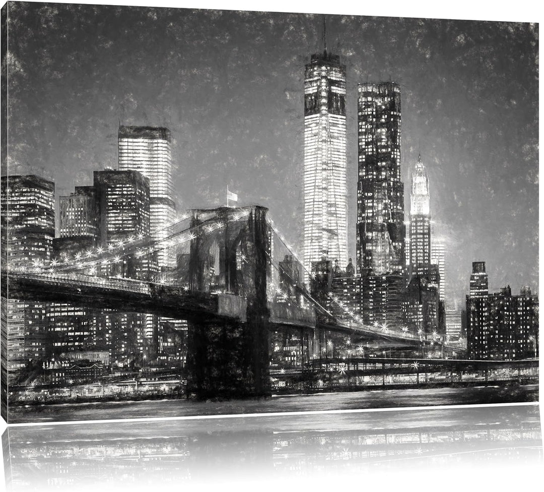 Pixxprint Brooklyn Bridge bei Nacht als Leinwandbild/Grösse: 100x70 cm/Wandbild/Kunstdruck/fertig be