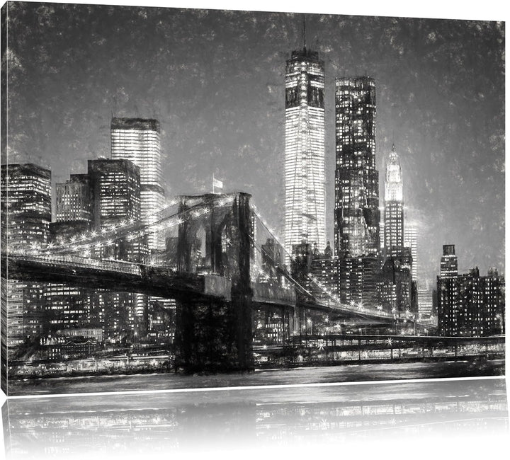 Pixxprint Brooklyn Bridge bei Nacht als Leinwandbild/Grösse: 100x70 cm/Wandbild/Kunstdruck/fertig be