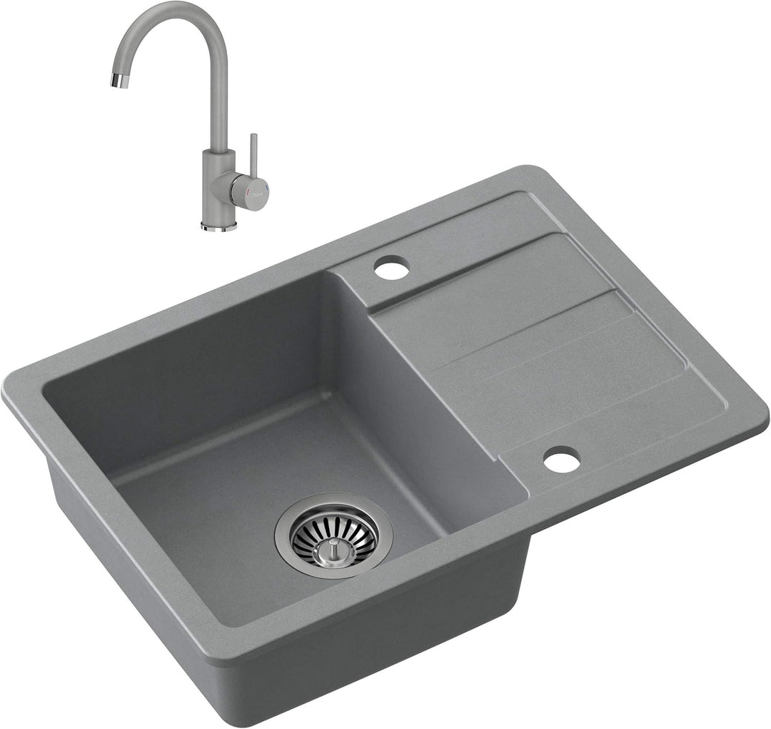 VBChome Spülbecken mit Armatur Grau 62 x 44 cm Granit Einzelbecken Einbauspüle Abtroffläche gesprenk