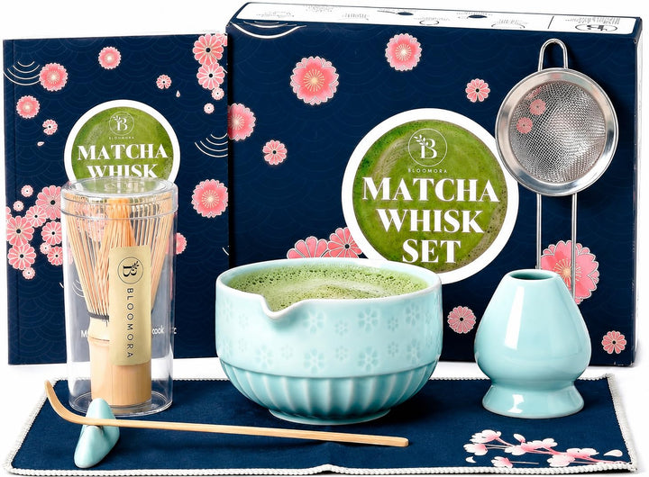 Matcha Set, Keramik Matcha Tee Set Mit Schale, Bambusbesen, Löffel, Sieb, Löffelablage, Besenhalter,