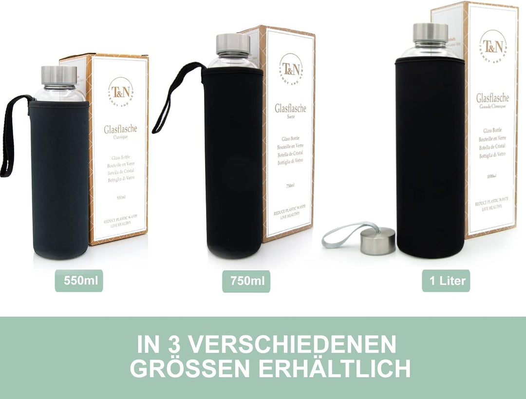 T&N Glasflasche 1 Liter / 750ml / 500ml – Trinkflasche Glas 1l mit Neoprenhülle – Wasserflasche Ausl