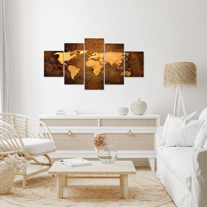 Runa Art Wandbilder Weltkarte 5 Teilig Bild auf Vlies Leinwand Deko Büro Wohnzimmer Abstrakt Beige B