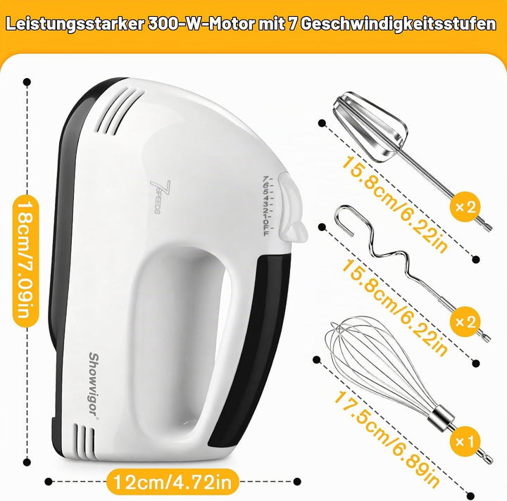 Handmixer Elektrisch 300W mit 7 Geschwindigkeiten, Ergonomischer Griff, Handrührgerät inkl. 2 Rührbe