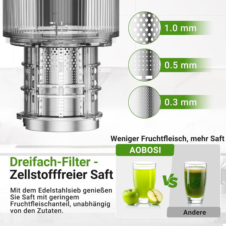 AOBOSI Slow Juicer 126MM Super Large Feed Chute for Whole Fruits and Vegetables, Kauender Entsafter