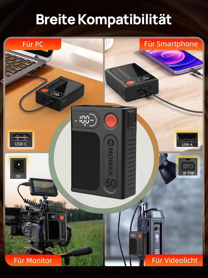 V-Mount Akku, Moman Power 50 Touch Klein V-Lock Batterie 50Wh/3450mAh mit Berührungstaste&LED Bildsc