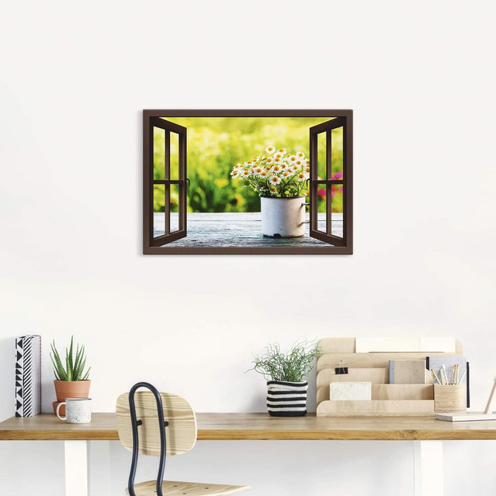 Artland Leinwandbild Wandbild Bild auf Leinwand 100x70 cm Wanddeko Fensterblick Fenster Botanik Blum