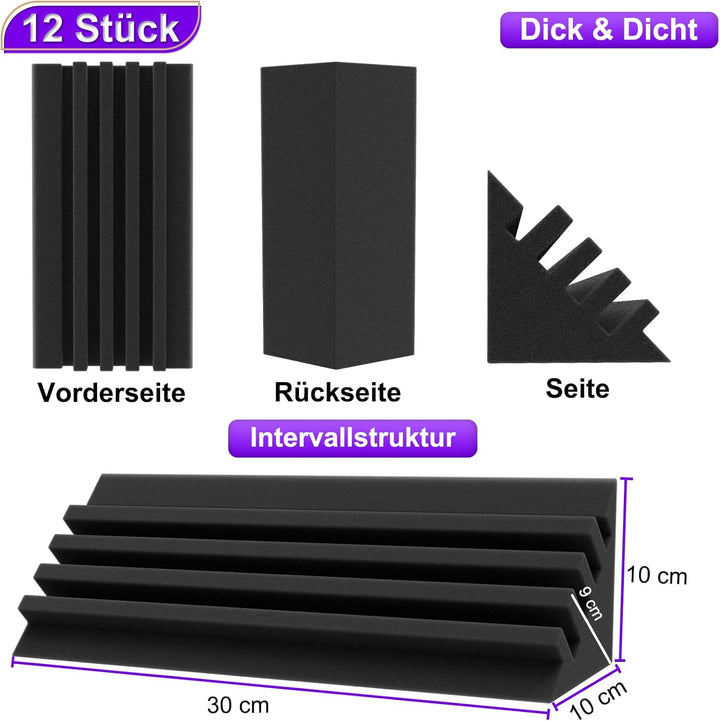 BXI Bass Traps - 12 Stück 10 X 10 X 30 cm Dichter Studio Bass-Schaumstoff Eckabsorber, Akustische Be
