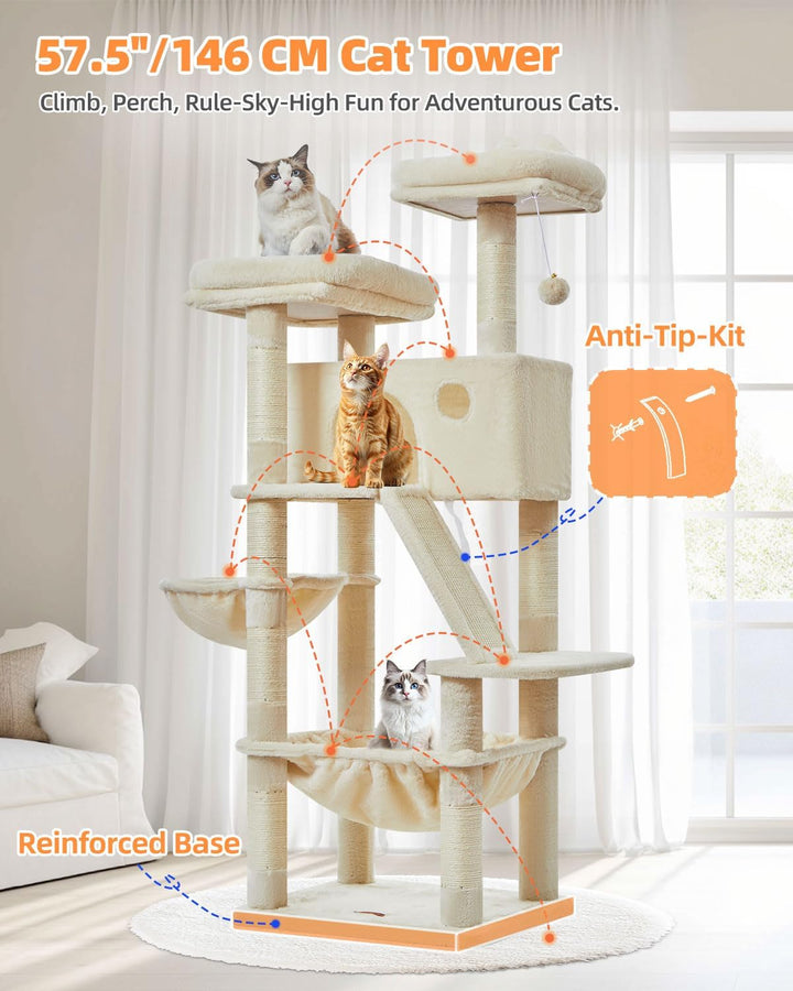 Taoqimiao 146CM Kratzbaum Gross, Katzenbaum Katzen Kratzbaum Grosse Katzen Stabil mit 2 Katzenhaus,