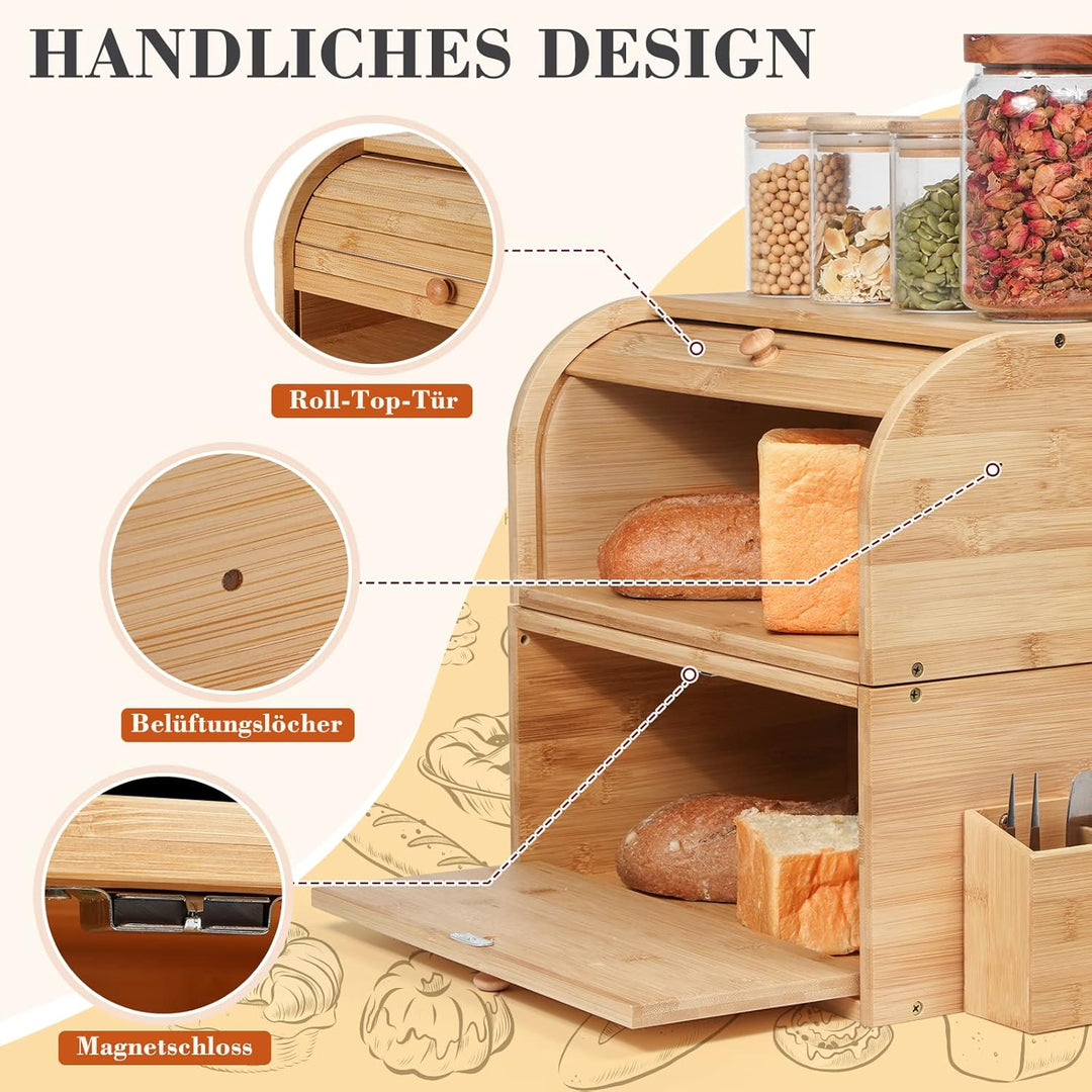 GUUSII HOME Brotkasten Holz Bambus Gross Retro Eco Brotbox Rolldeckel Doppellagig Stapelbar Brot Auf