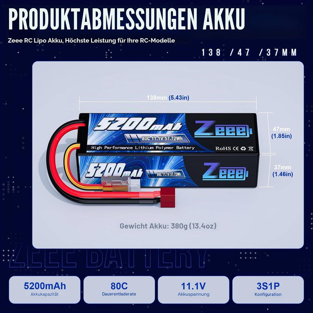 Zeee 3S LiPo Akku 11,1V 80C 5200mAh Hardcase Batterie mit T Stecker für RC Auto, RC Flugzeug, RC Hub