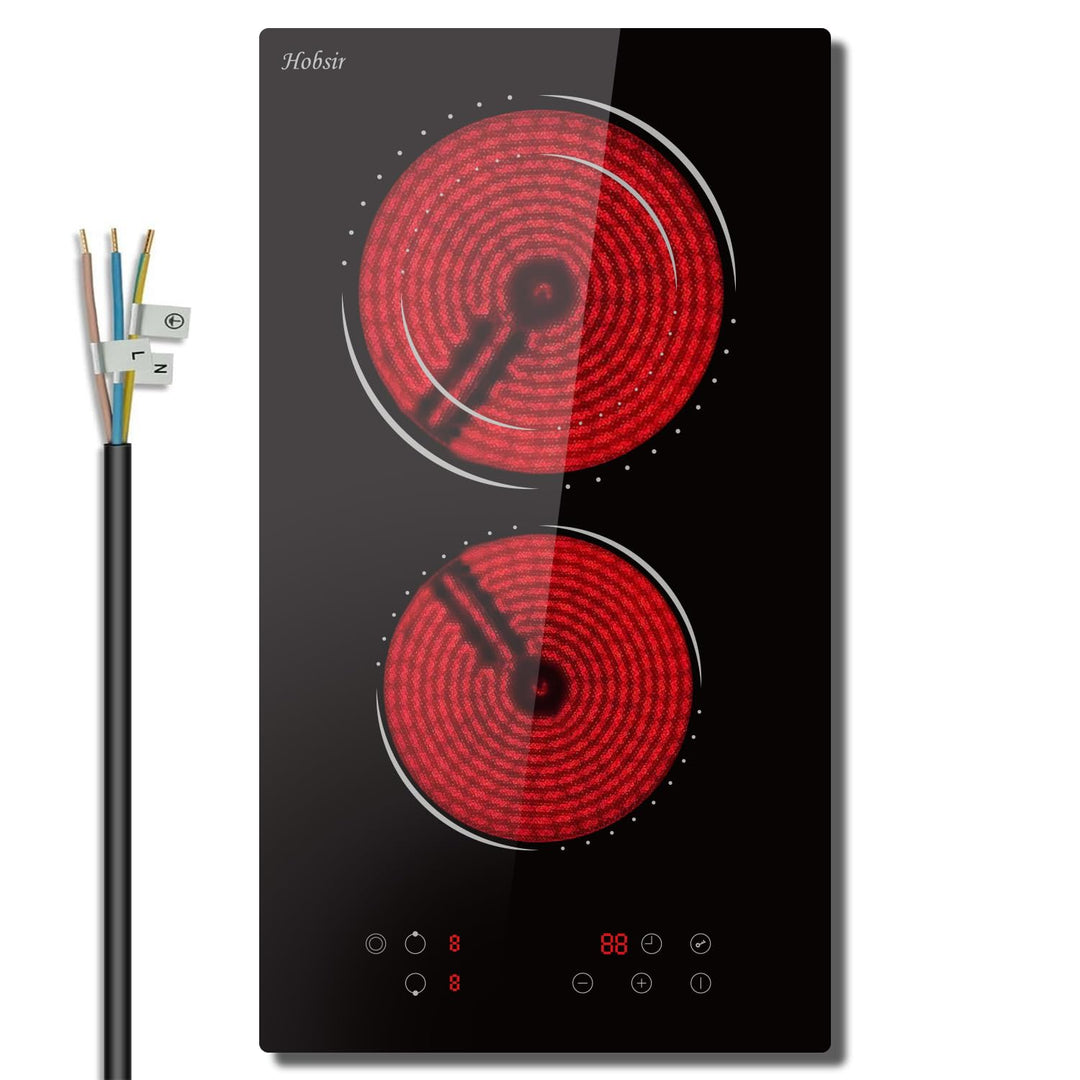 Glaskeramikkochfeld 2 Zonen, Hobsir Einbau Kochfelder 30cm, 3200W, Touch-Steuerung, Doppelte Zone, 9