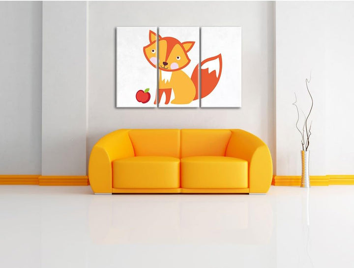 Pixxprint Niedlicher Fuchs mit Apfels als Leinwandbild/Grösse: 3 Teilig (120x80) cm/Wandbild/Kunstdr