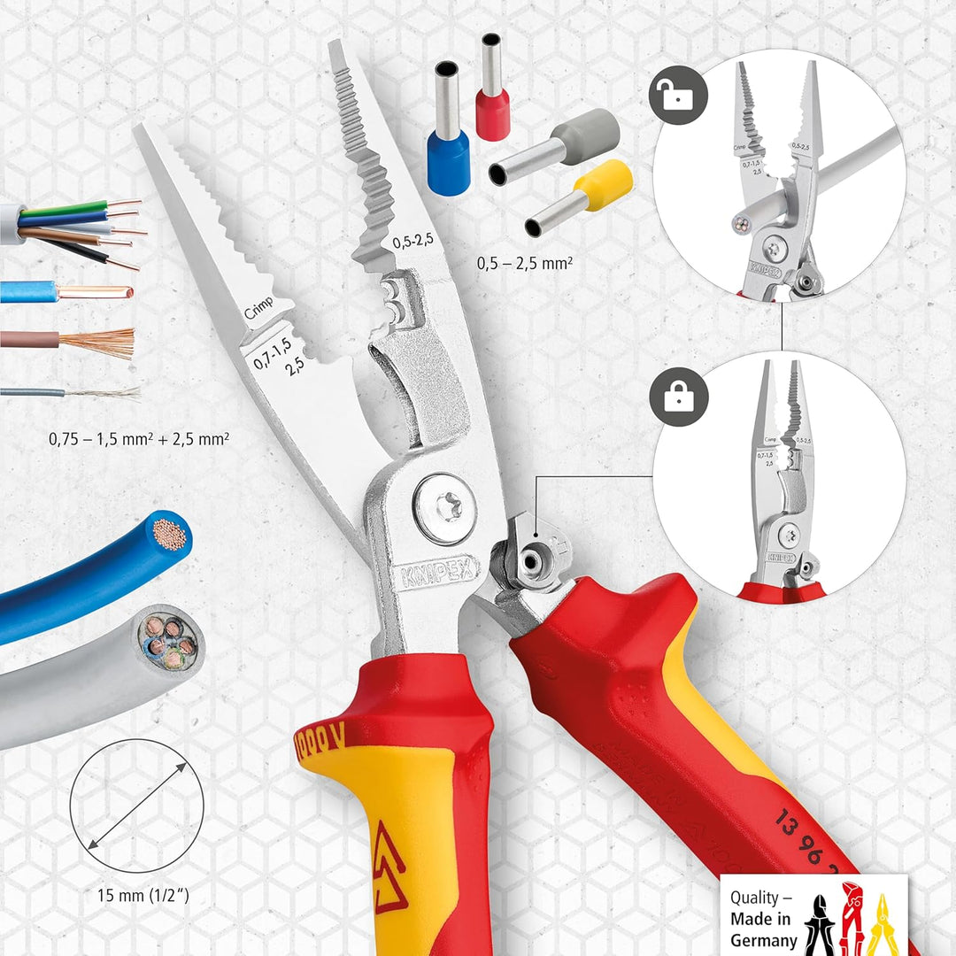 KNIPEX Elektro-Installationszange, VDE, Öffnungsfeder, Kabelschneiden, Abisolieren, Crimpen von Ader