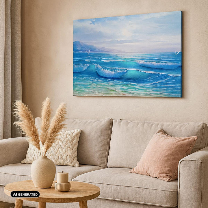 Bilder auf Leinwand 100x70cm Leinwandbild mit Rahmen Meer Welle Möwe Gross Wanddeko Bild Schlafzimme