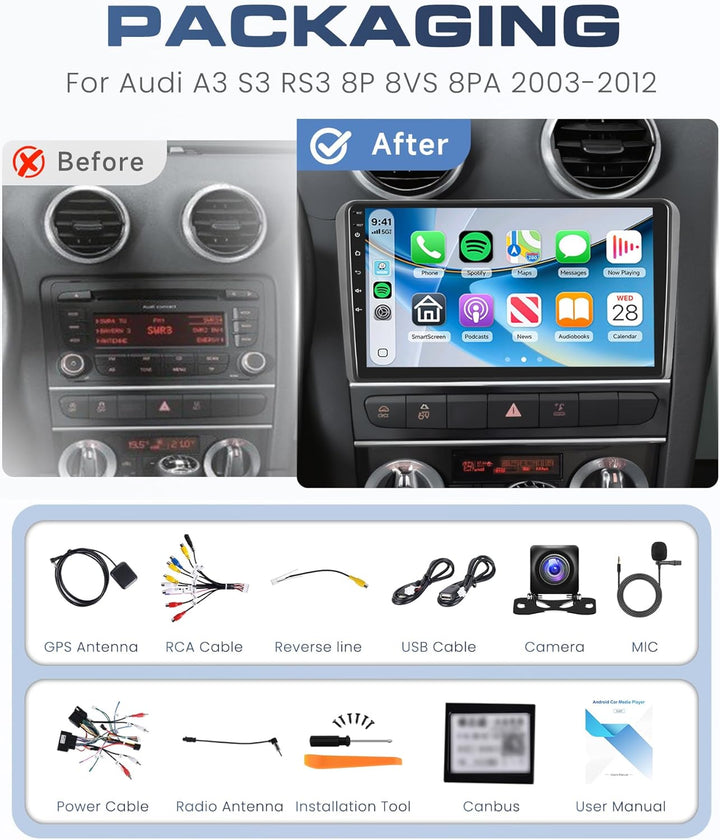 Rimoody 8 Core 6G+128G Autoradio Android für Audi A3 S3 RS3 8P 8VS 8PA 2003-2012 mit Carplay Wireles