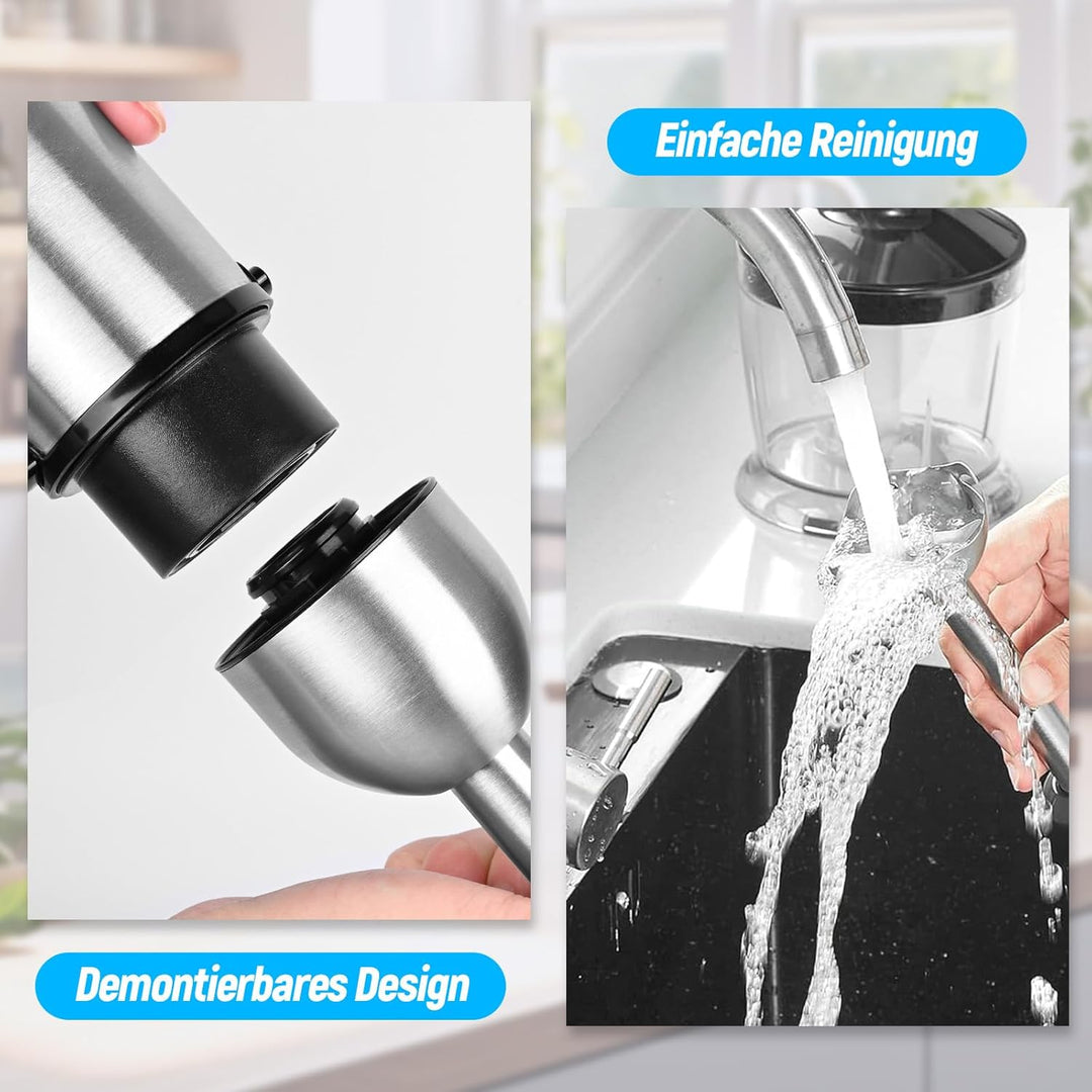 Stabmixer set, 5-en-1 Pürierstab Edelstahl Set,21 Gänge 1000W Milchschäumer Handheld, 600ml Messbech