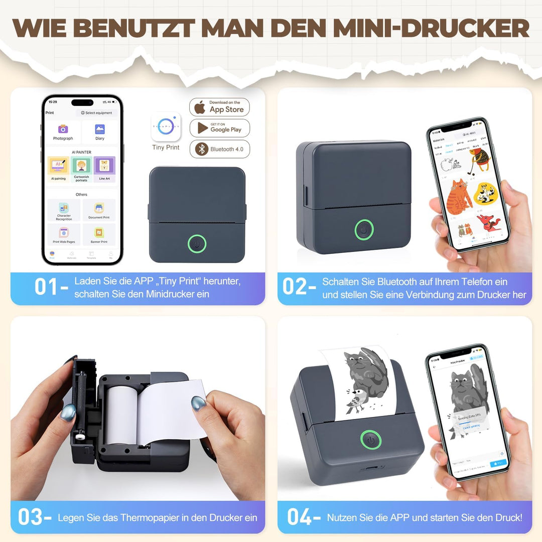 PRAOAHEI Mini Drucker, Tragbarer Thermodrucker mit 10 Rollen Druckerpapier | Bluetooth Etikettendruc