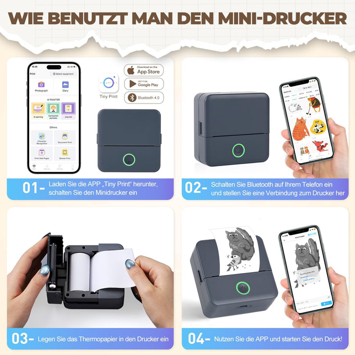 PRAOAHEI Mini Drucker, Tragbarer Thermodrucker mit 10 Rollen Druckerpapier | Bluetooth Etikettendruc