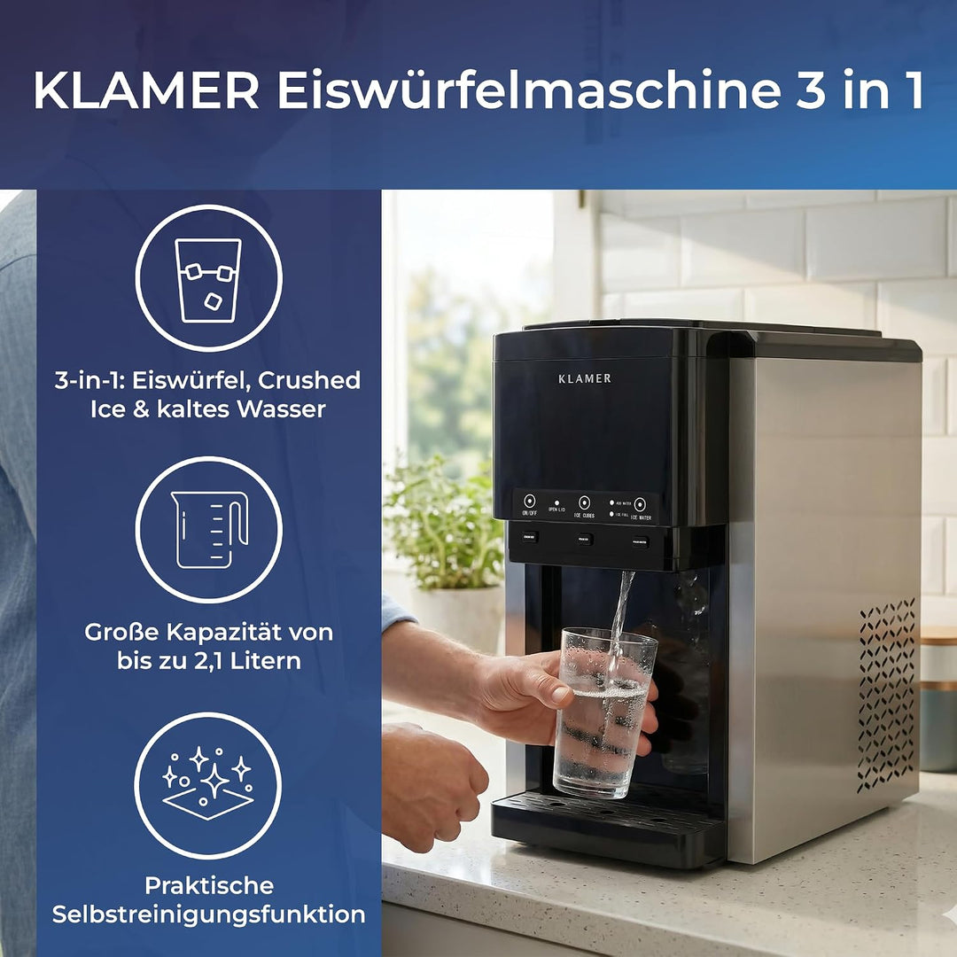 KLAMER 3-in-1 Eiswürfelmaschine, Crushed Ice & Eiswasser, 18–20 kg/24h, Kugeleis 12 Stück in 7 Min,