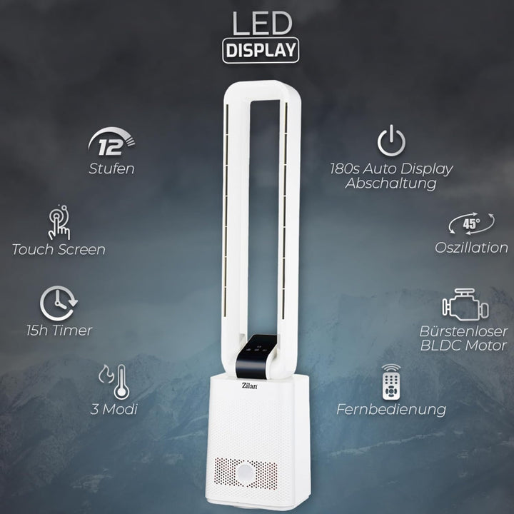 Turmventilator | Ventilator sehr leise | Fernbedienung | Oszillierend | 12 Stufen | LED-Display | 3