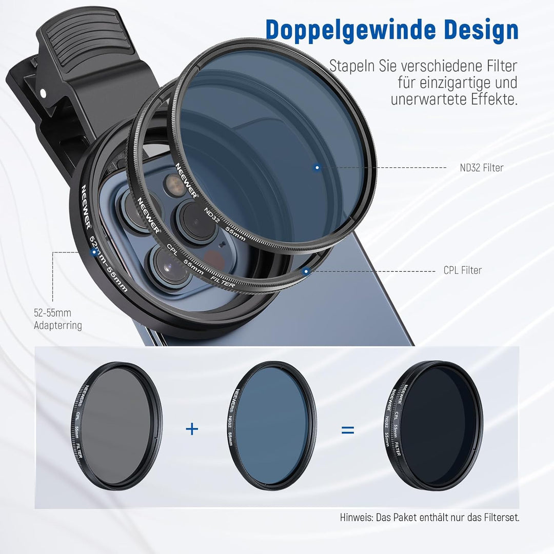 NEEWER 55mm ND+CPL+Effekt Filter Set mit Handy Phone Objektiv Klammer, Polfilter ND32, 6 Punkt Stern