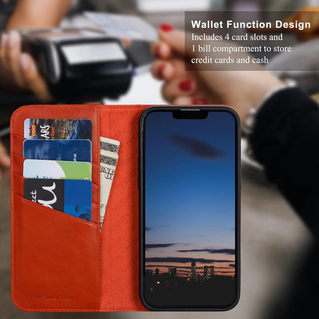 VISOUL Hülle für iPhone 14 Pro Max Handyhülle [Echtleder] [Kartenfach] [Magnet] [Standfunktion], TPU