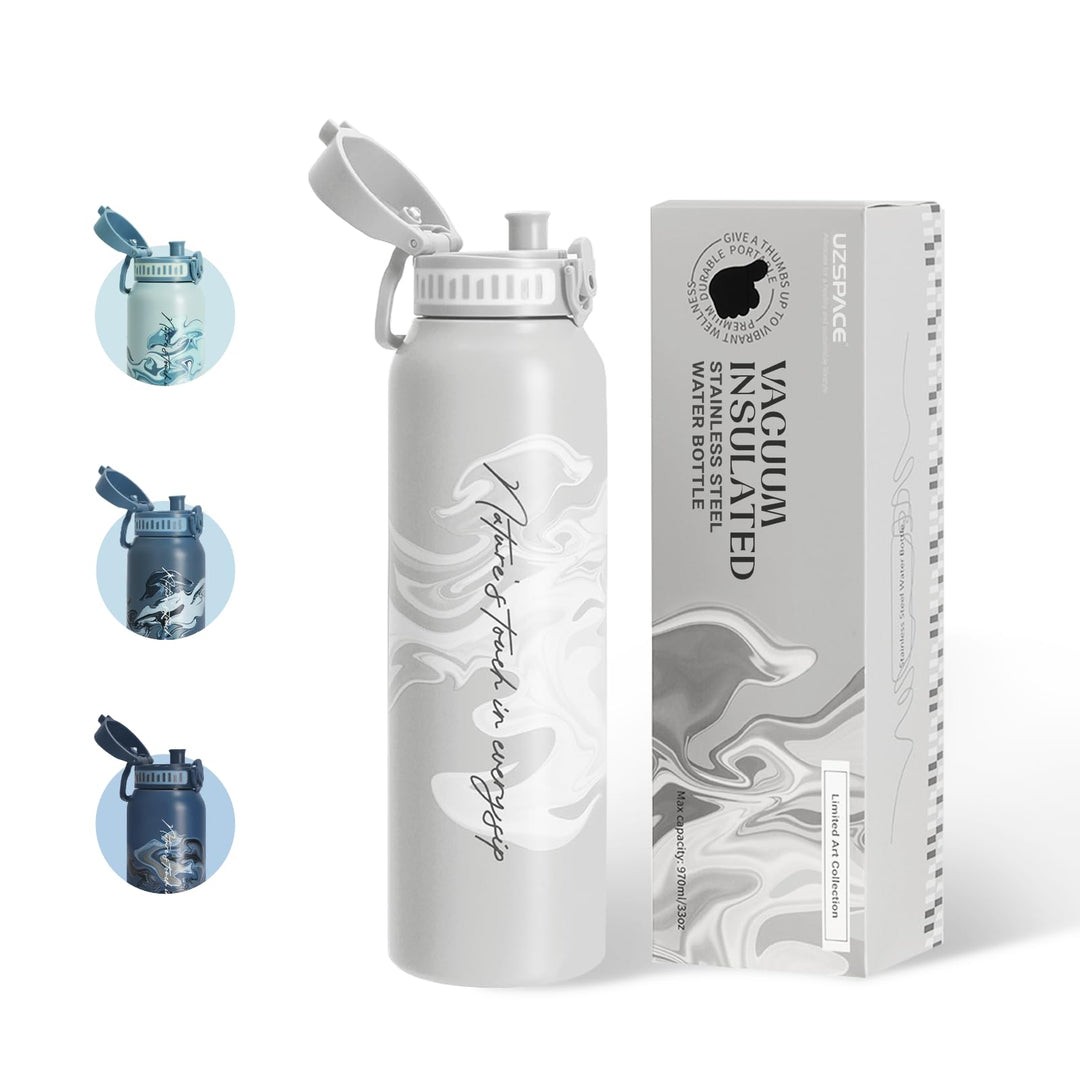UZSPACE Edelstahl Trinkflasche 1l (970ml), Isolierte Thermosflasche mit 1-Klick-Öffnung, 100% Auslau