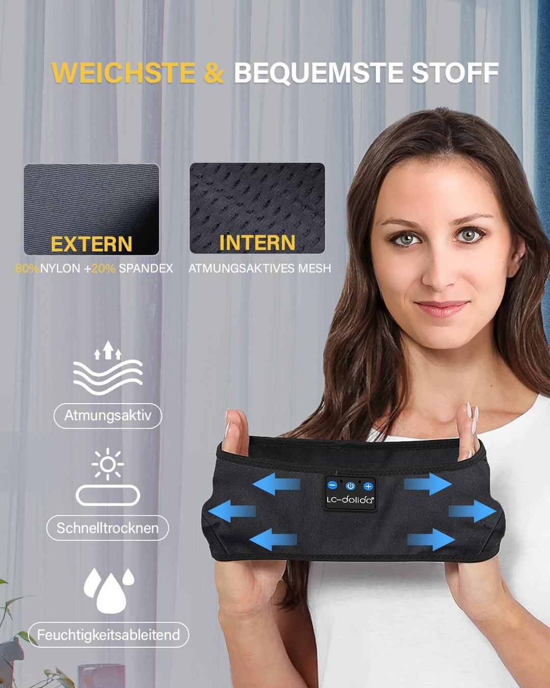 LC-dolida Schlafkopfhörer Bluetooth 5.4, Schlaf Stirnband Kopfhörer Headband Schlafmaske, Sportskopf