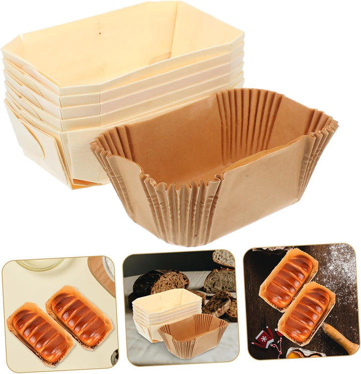 SOLUSTRE 6 Stück Backformen aus Holz, lang, rechteckig, antihaftbeschichtet, mit Papiertablett, Toas