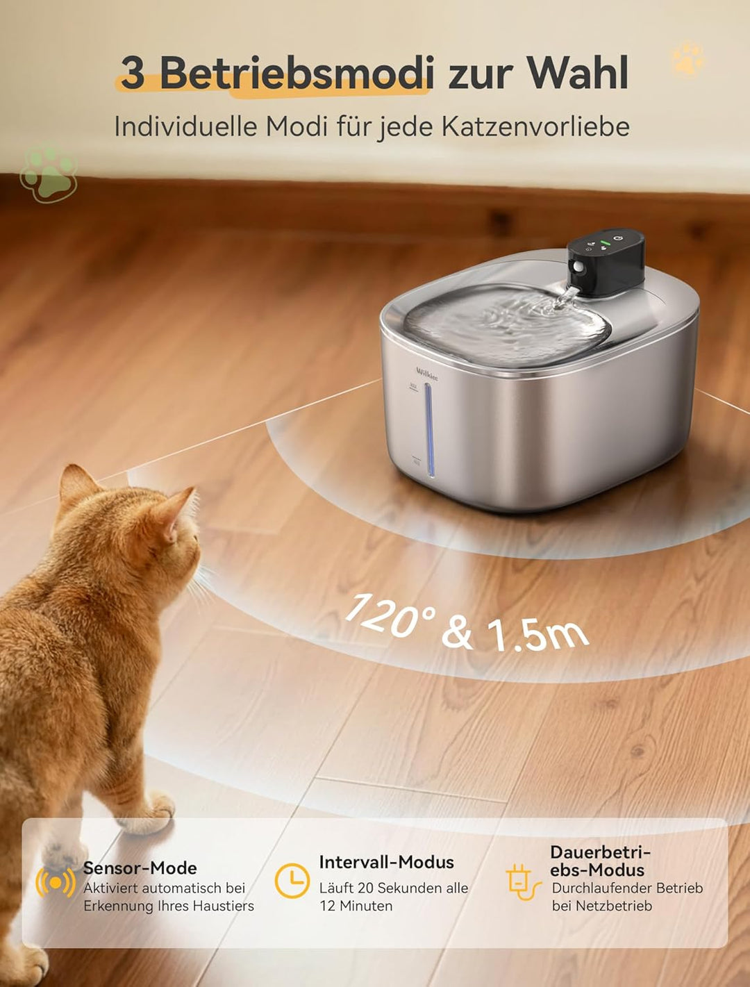 Katzenbrunnen Edelstahl,4,1 L Trinkbrunnen für Katze Kabellos, 4000mAh Akku katzenbrunnen mit bewegu