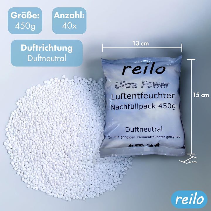 reilo 40x 450g Ultra Power Luftentfeuchter Granulat, Raumluftentfeuchter im Vliesbeutel, Nachfüllpac