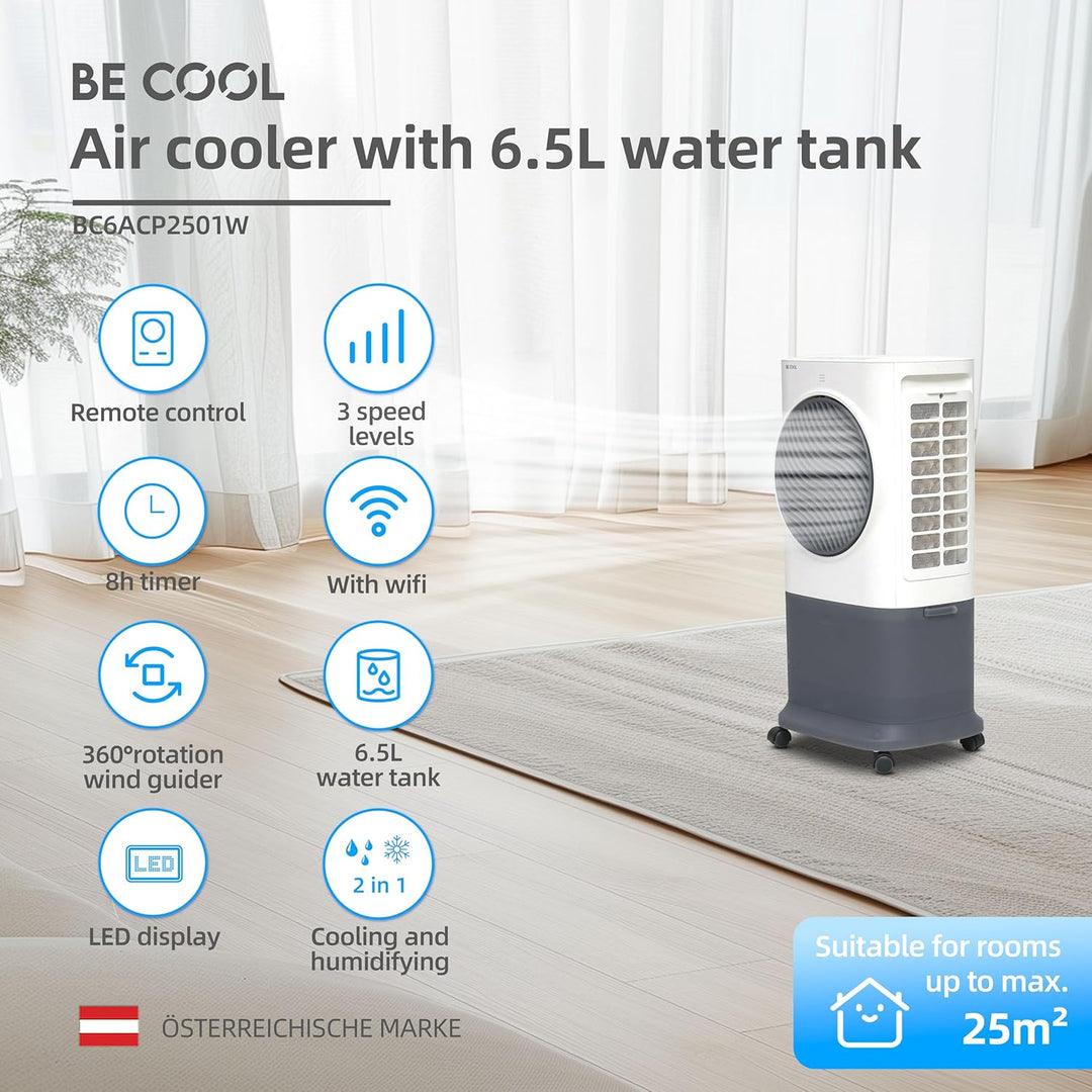 BE COOL Premium Luftkühler BC6ACP2501W mit WiFi, 6,5L Wassertank, 340 m³/h Luftleistung, Timer, Fern