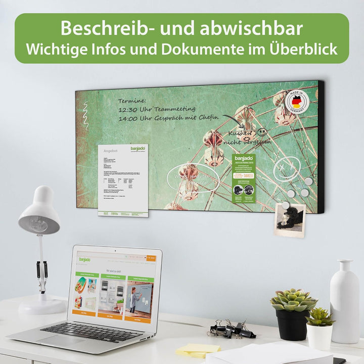 banjado Magnettafel schwarz 78 x 37cm / Magnetwand Metall/Magnetpinnwand als Memoboard/Pinnwand Magn