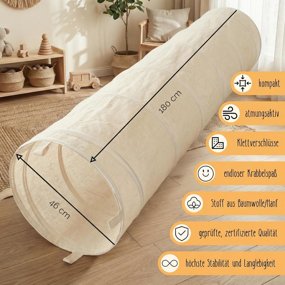 LIONHERZ® Spieltunnel für Kinder aus Baumwolle/Hanf mit Klettverschlüssen [180cm x 46cm] Krabbeltunn
