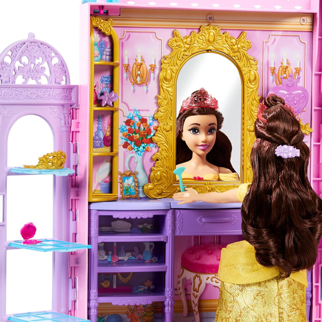 Mattel Disney Prinzessin-Schrankspielset mit 2 Kleidungsstücken, 25 Zubehörteilen, Frisiertisch, Ank