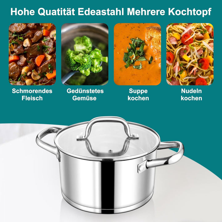 Homikit Kochtopf 20cm Gross, Edeastahl Topf Nudeltopf Induktion mit Glasdeckel, 3,8L Suppentopf Flei