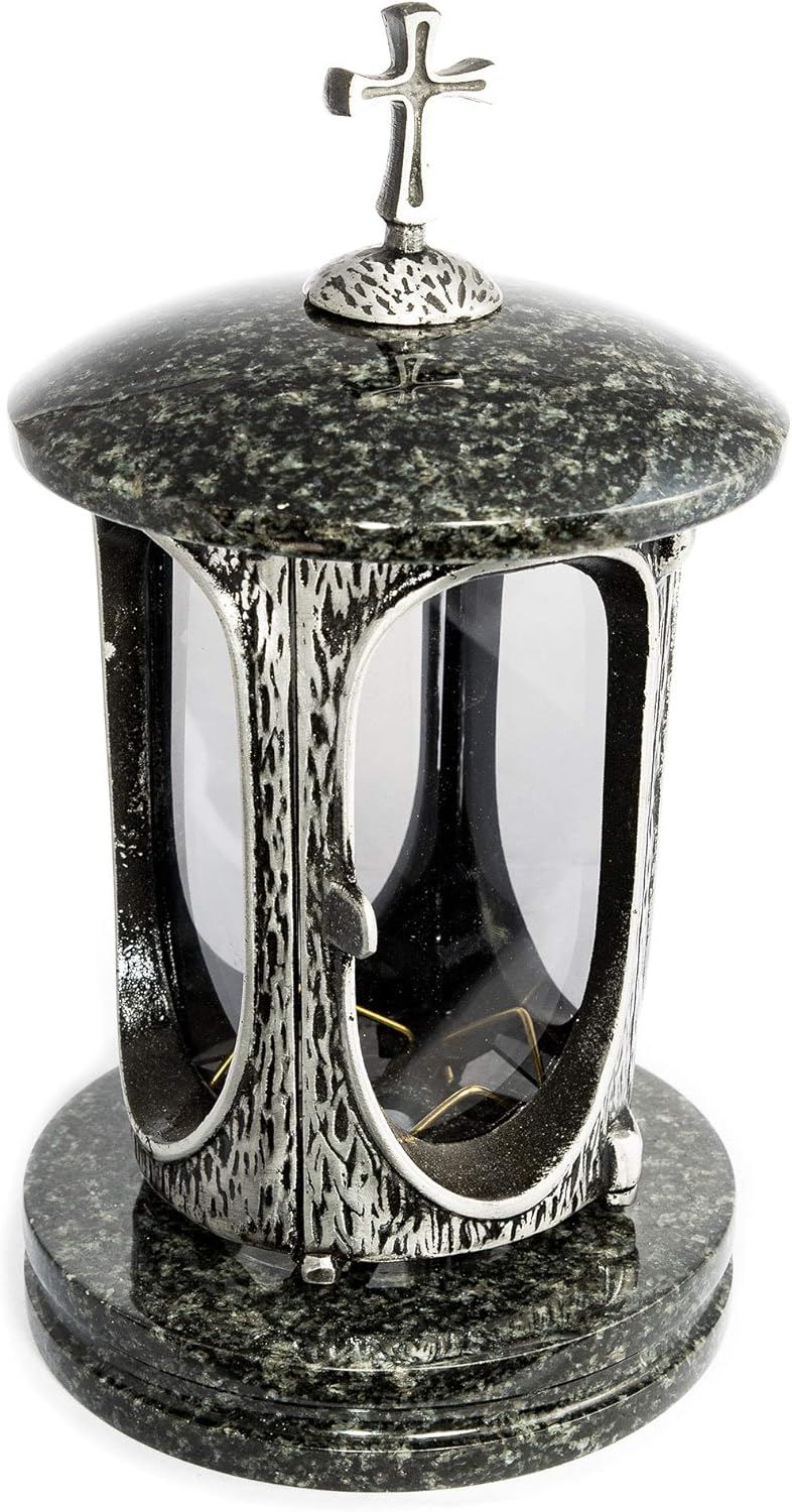 Stilvolle Grablaterne Anthrazit mit Kreuz Granit Impala dunkel Höhe 27 cm/Ø 15 cm Grableuchte Grabli