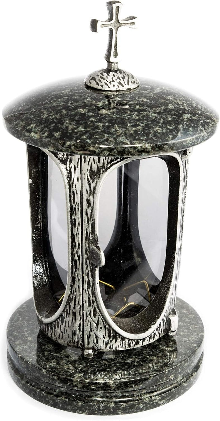 Stilvolle Grablaterne Anthrazit mit Kreuz Granit Impala dunkel Höhe 27 cm/Ø 15 cm Grableuchte Grabli