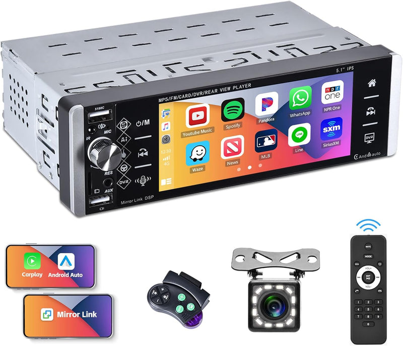 1 Din CAMECHO Autoradio mit Wireless Apple Carplay & Android Auto, 5,1 Zoll Single Din IPS Auto Radi