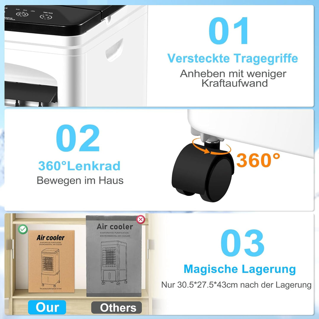 Klimagerät ohne Abluftschlauch, 10L 60W Klimaanlage Mobil mit 12H Timer, 40dB, 120°Oszillation, Abne